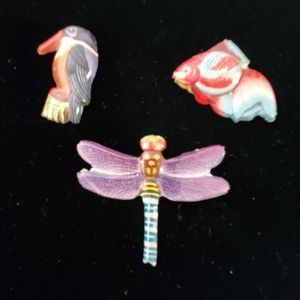 Lot of 3 Printed Tin Pins Bird Fish Dragonfly